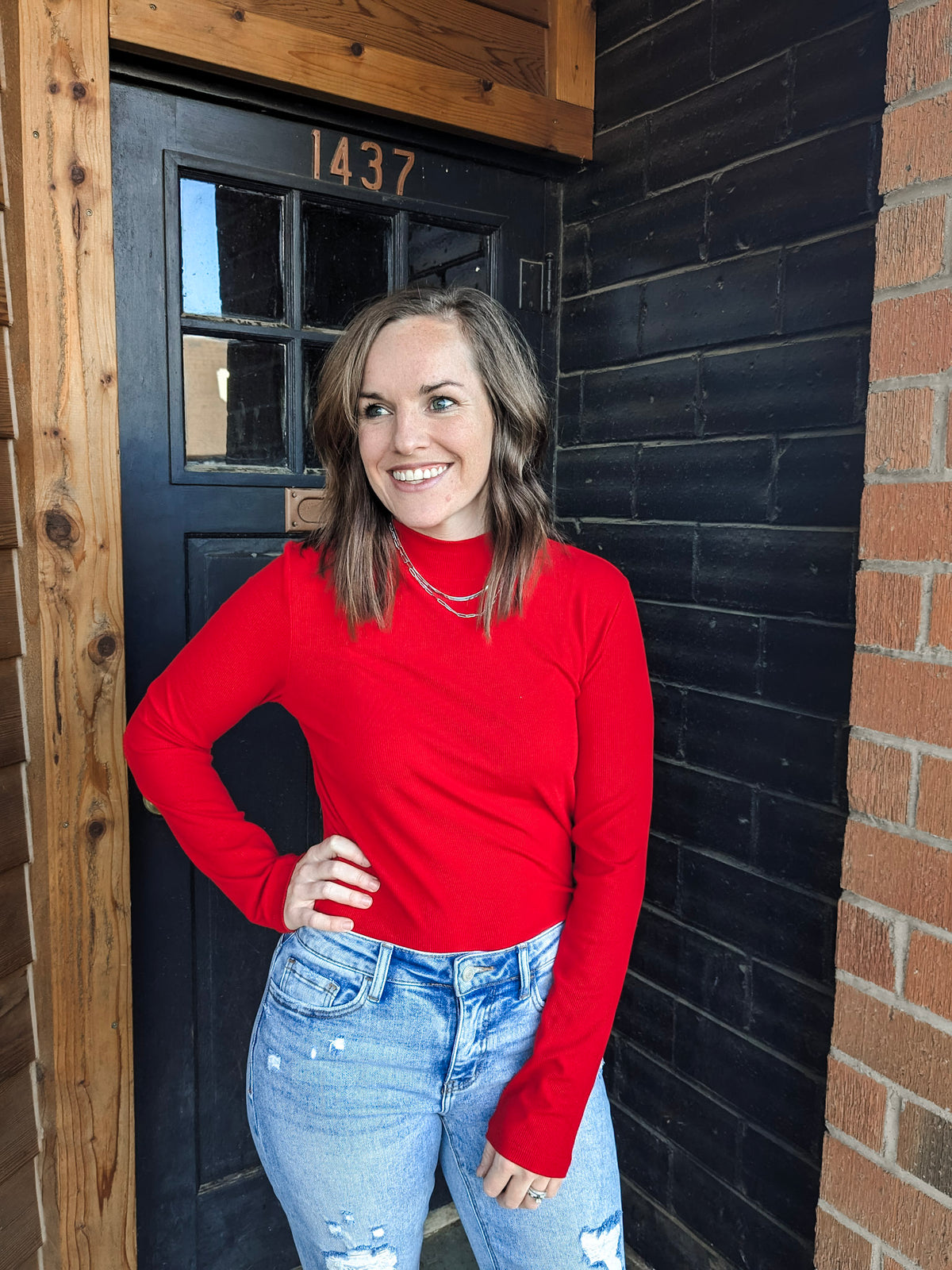 Rosalie Ribbed Mock Neck Top - Red