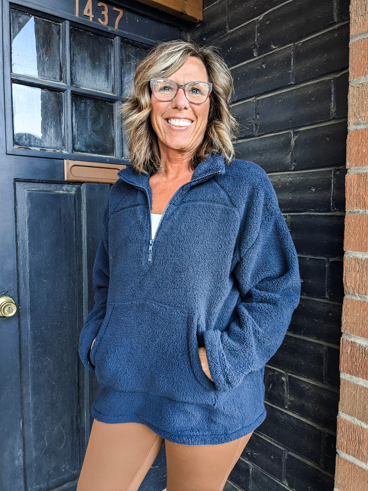 Fuzzy Fleece Half Zip Pullover - Navy