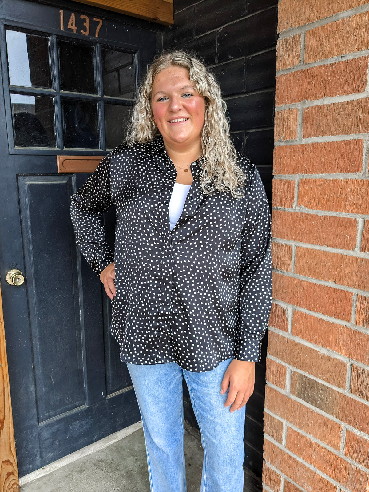 Polka Dot Long Sleeve Blouse - Plus -Black