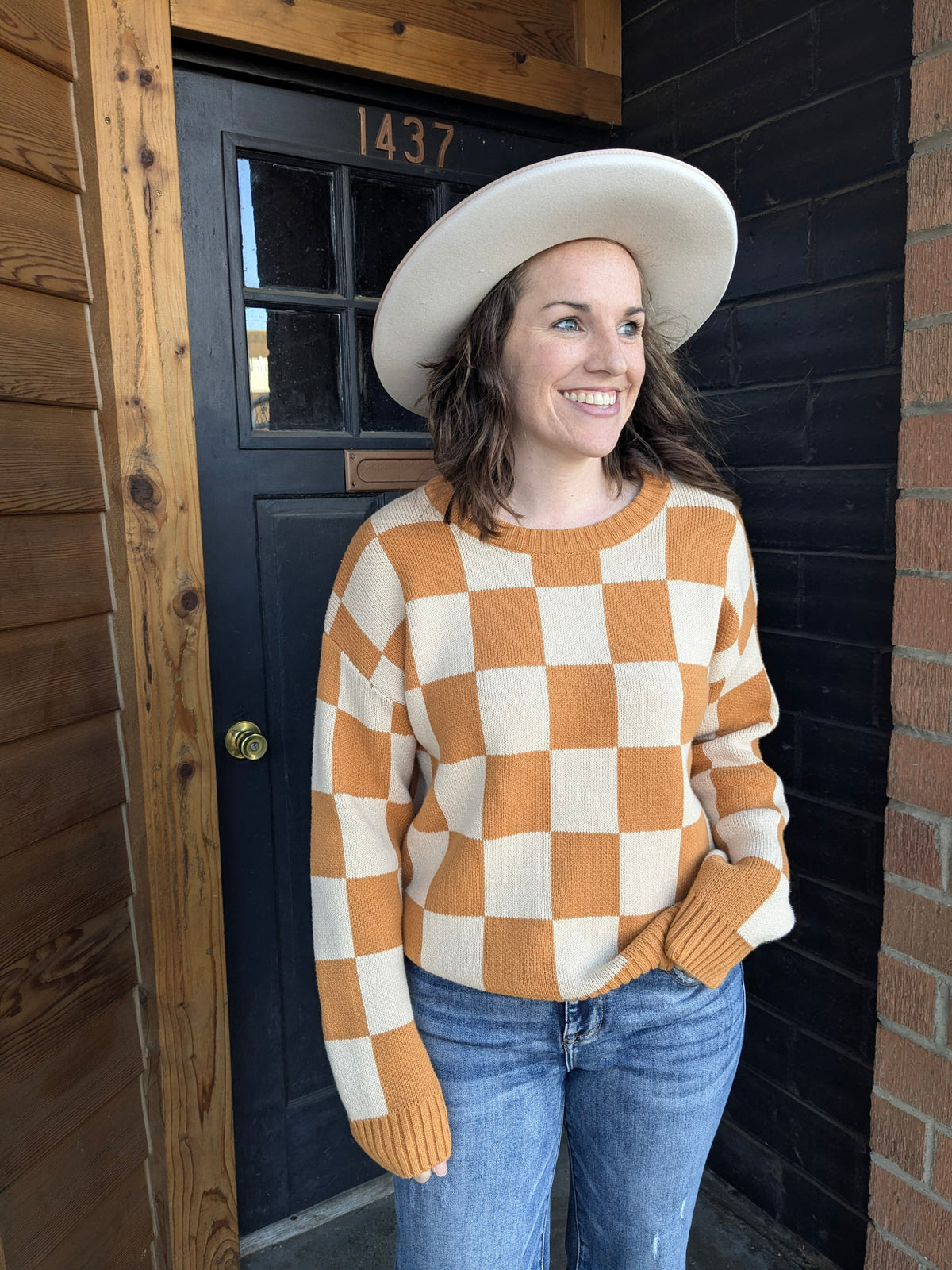 Checker Print Sweater - Pumpkin Spice