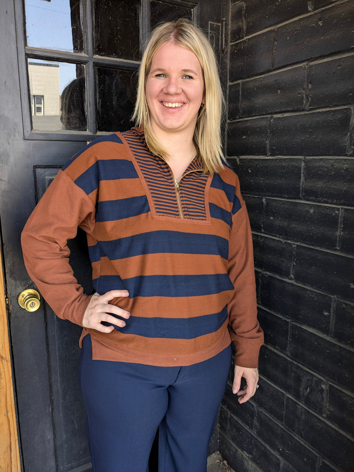 Quarter Zip Striped Sweatshirt - Navy/Brown