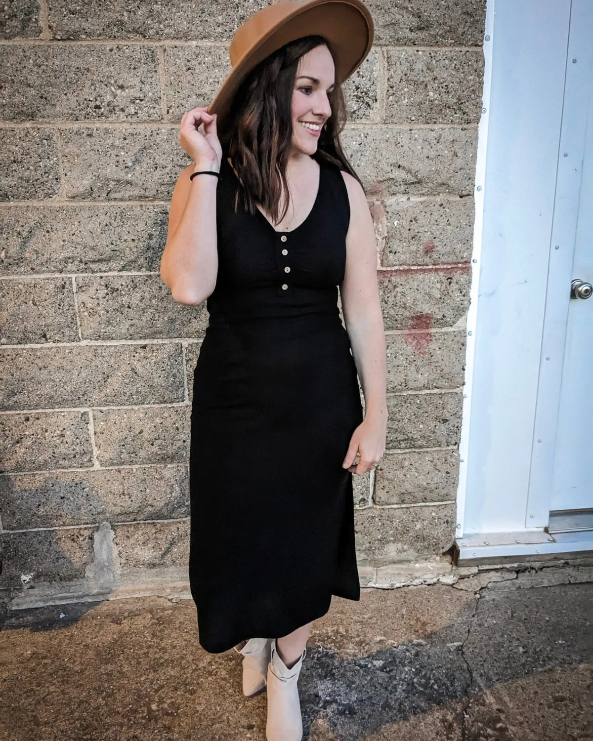 Shirring Detail Slitted Midi Dress - Black