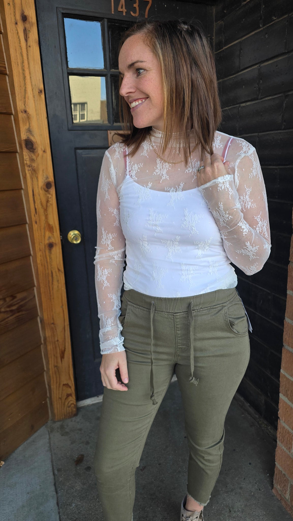 Mock Neck Long Sleeve Lace Top - White