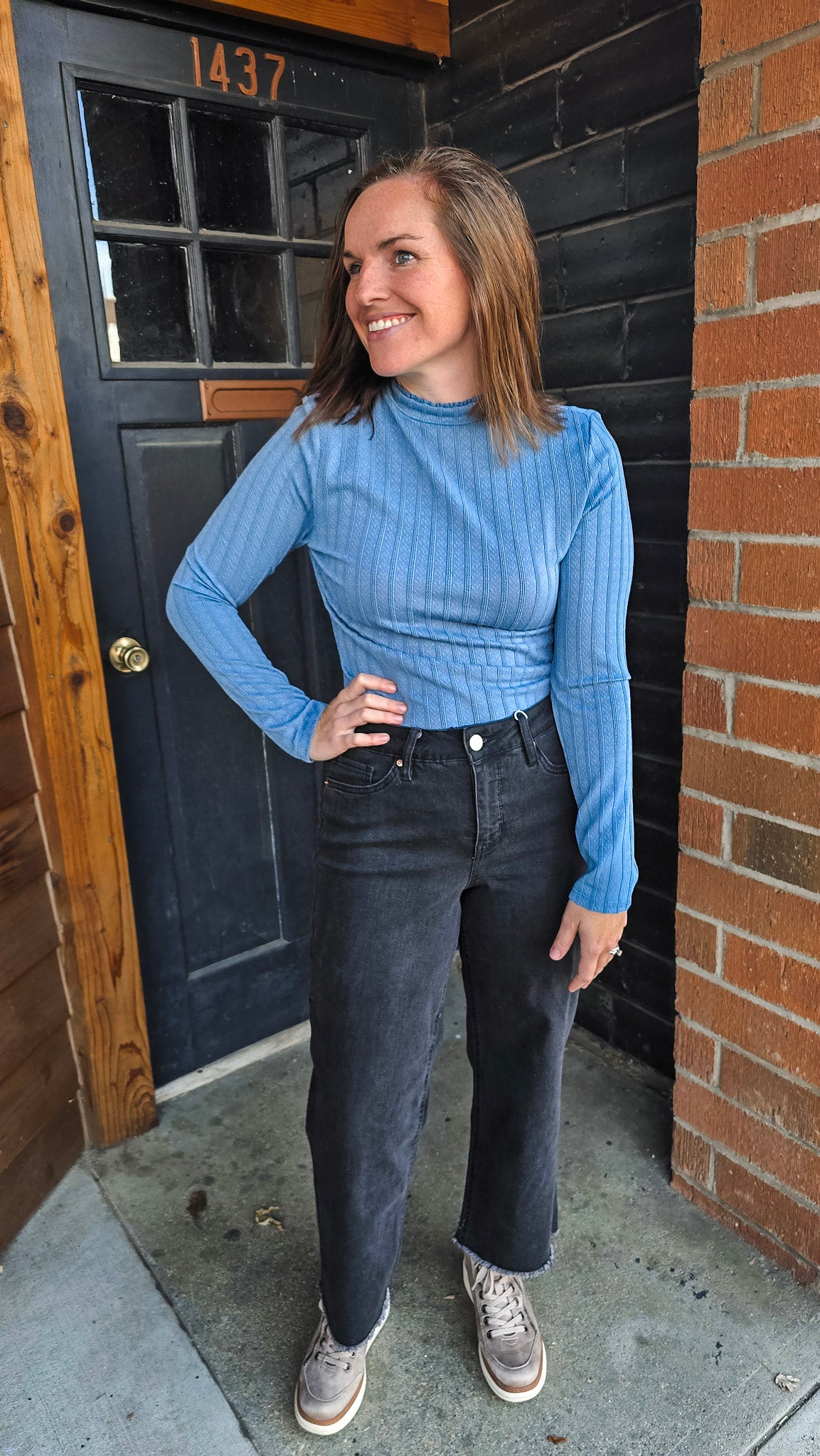 Textured Ruffled Mock Neck Top - Steel Blue