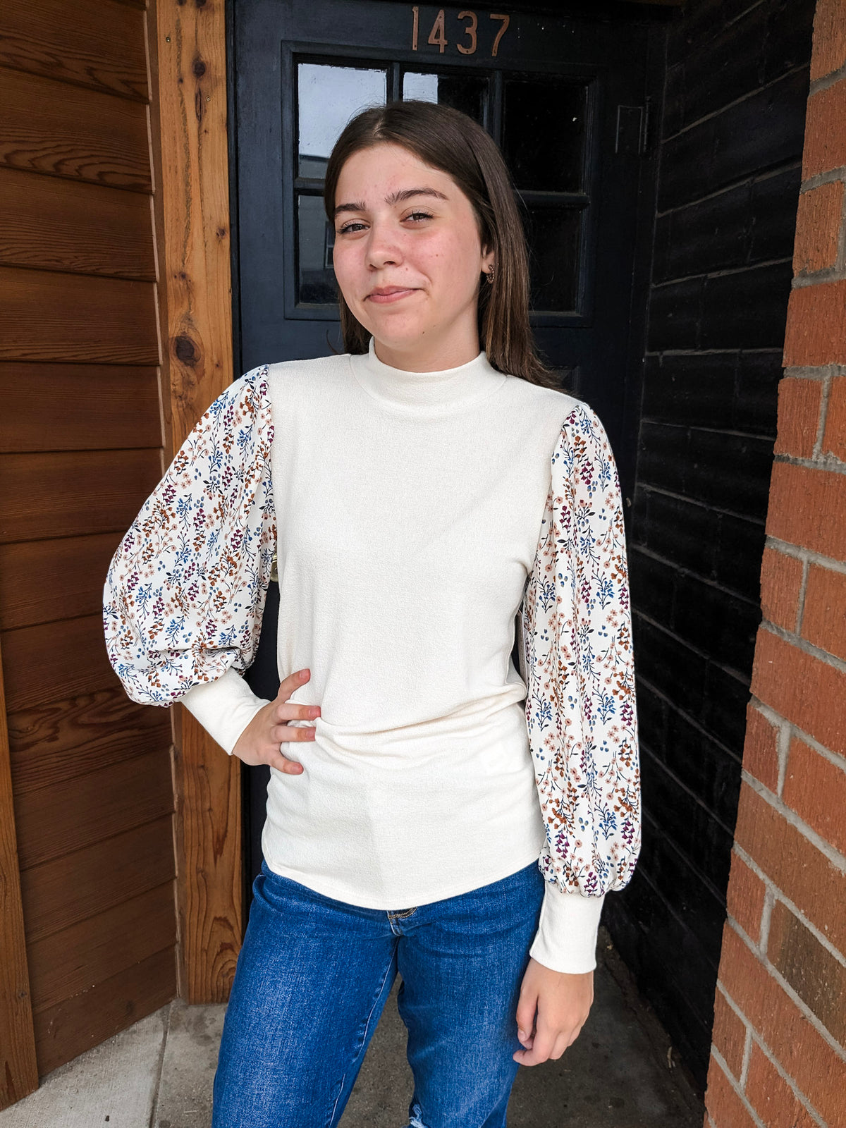 Mock Neck Top with Floral Sleeves - Ivory