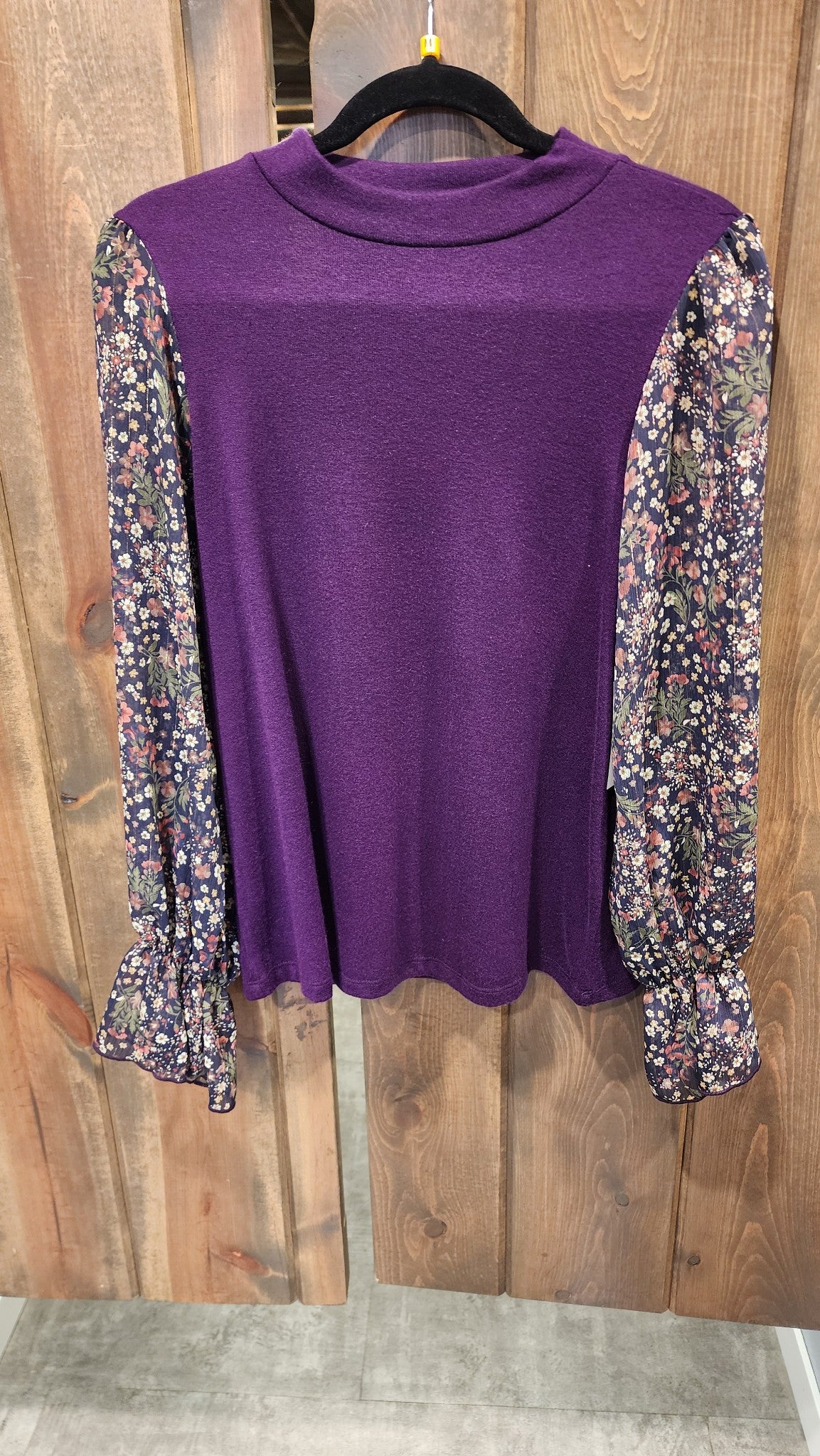 Sleeve Contrast Mock Neck Top - Plum